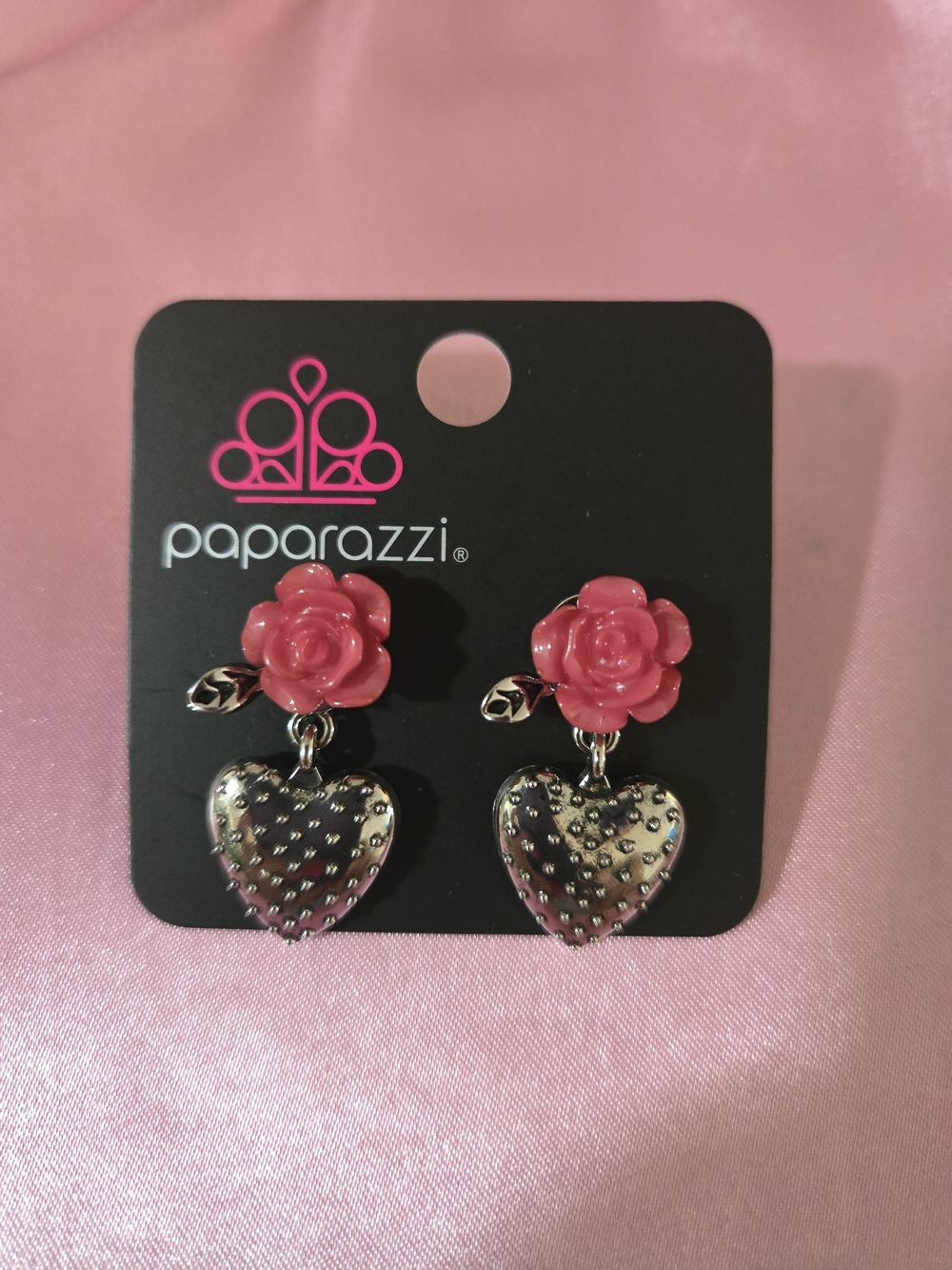 Paparazzi Pink Rose & Silver Heart Dangle Earrings